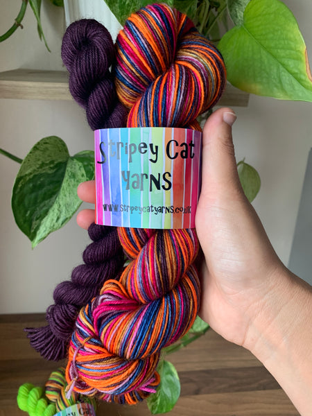 Bejeweled self striping sock yarn with 20g mini skein