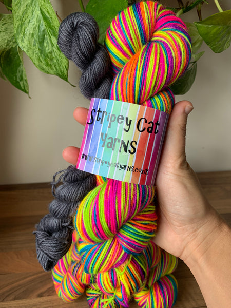 Disco Cat self striping sock yarn with 20g contrasting mini skein